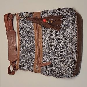 The Sak Lucia Crochet Knit Denim Static Crossbody Purse Shoulder Bag Sack Blue